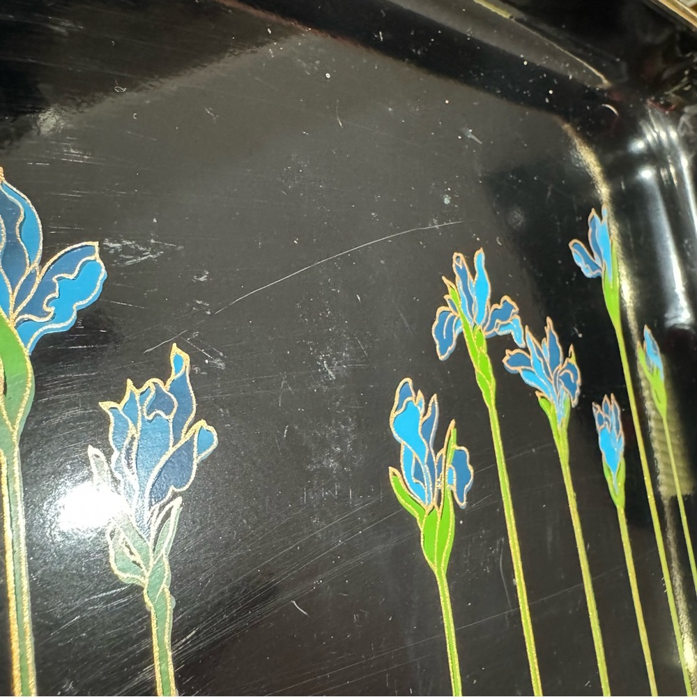 Set of 3 Japanese Lacquerware Nesting Serving Trays Blue Irises Woven Handles - Picture 12 of 12